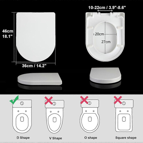 D Shape Soft Close Toilet Seat with Quick Release, Adjustable Hinges, White PP Plastic 2
