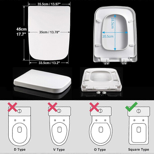 Square Toilet Seat Soft Close Quick Release Universal Fit White Polypropylene Durable 2