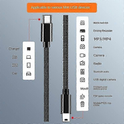 USB-C to Mini-B 5-Pin OTG Cable for Camera, Controller, MP3, GPS Data Sync 1