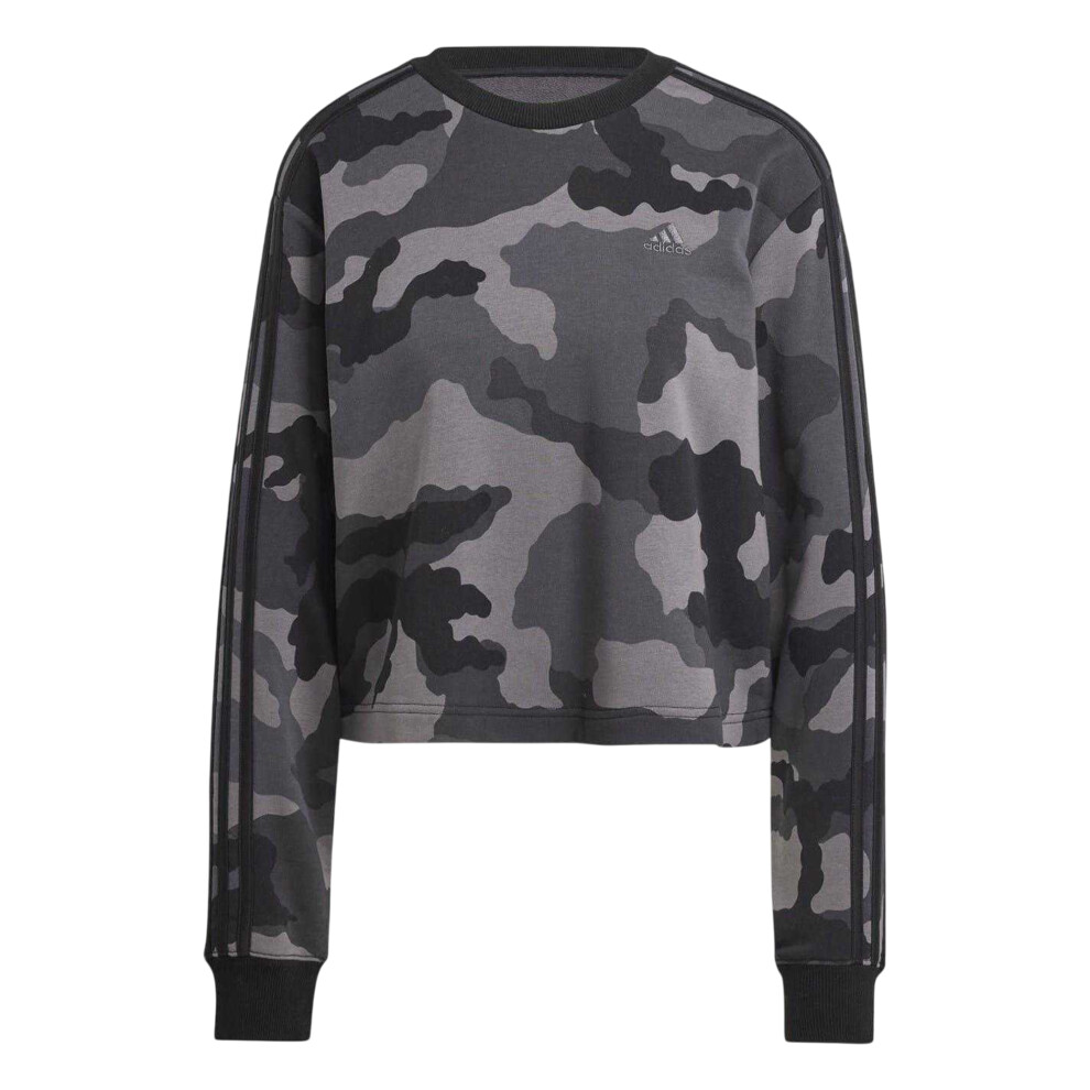 Adidas (16 Uk - 18 Uk, Black) Womens/Ladies Essentials Camo Stripes Loose Fit Crop Sweatshirt