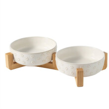 Ceramic Pet Bowl with Bamboo Stand Straight-Rim Design Anti-Tipping Bowl for Cats and Dogs (Food or Water)