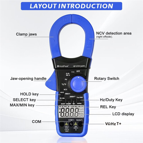 HoldPeak Clamp Digital Multimeter, AC/ Voltage Current Tester 2000A/2000V True RMS -570Y-APP 2