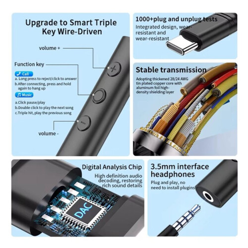 Digital Typec to 3.5mm Audio Converter Headphone Jack Adapter Plug and   Control Voice Adapter Cable 1