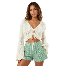 (S, White) Women's Summer Lightweight Knit Cardigan Solid Color Hollow Out Eyelet Long Sleeve V-Neck Drawstring Tops