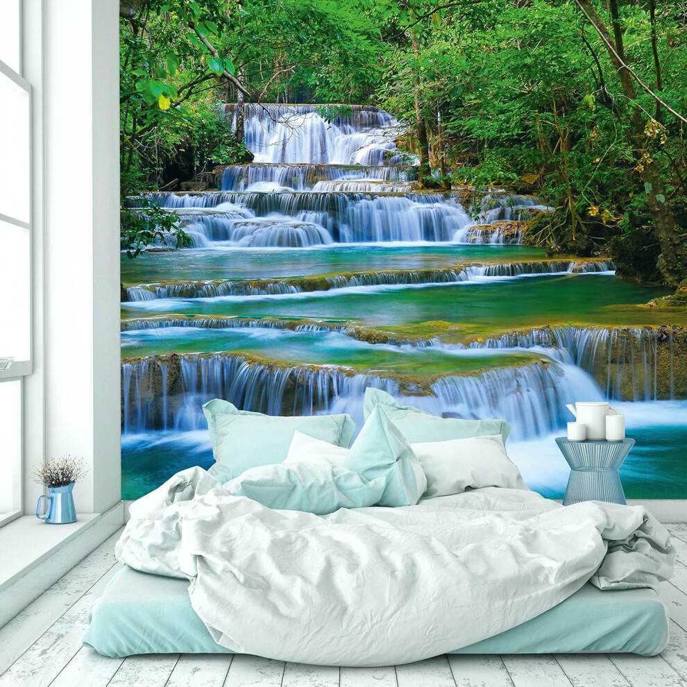 Green Wall Mural Waterfall In The Forest Exotic Jungle 274X254 Cm Â Waterfall Wallpaper, Green Jungle, Exotic Forest, Wall Mural 274X254 5902362882414