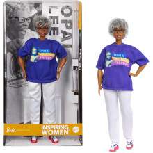 Barbie Inspiring Women Doll,Opal Lee Collectible in Blue "Opals Walk for Freedom"T-Shirt, White Pants and Glasses,Doll Stand and Displayable Packaging