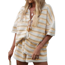 (M, Khaki) Women Pajamas Set 2 Pieces Loungewear Suits Stripe Contrast Color Button Crochet Knit Tops and Shorts Lounge Sets