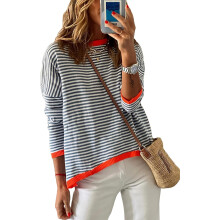 Jersey de punto para mujer a rayas suelto suave elegante casual blanco L — sueter mujer invierno, jersey algodon rayas