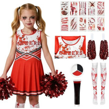Girls' Zombie Cheerleader Costume Halloween Outfit L — halloween costume, carnival costume, horror cosplay set, zombie dress, makeup accessories