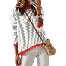 Jersey de mujer de punto a rayas de algodón suave, suelto, para otoño, blanco L — sueter manga larga