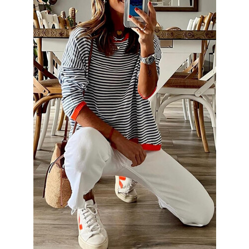 Damen Pullover Strick Gestreift Locker Weich Stilvoll Casual Weiß L — damensweater gestreift, oversize strickpullover, weißer pullover 1