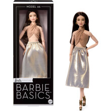 Barbie Basics Model Collector Fashion Doll 06 with Brunette Hair, Shimmery Golden Skirt & Halter, Universal-fit Fashions, Posable Body