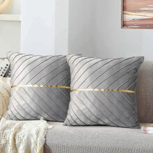 Funda de cojín terciopelo gris 45x45 cm, estampado dorado cuadrado, suave para sofá, cremallera oculta, decoración lujosa hogar.