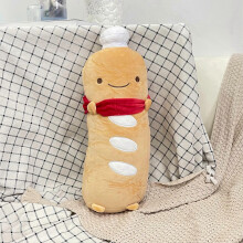 Adorable cojín de peluche con forma de baguette francesa y bufanda roja, suave y acogedor para el sofá.