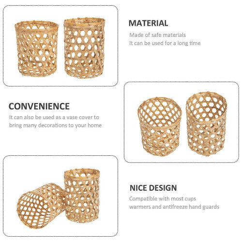 2pcs Bamboo Woven Cup Sleeves, Vintage Rustic Hand-Woven Cup Covers 1