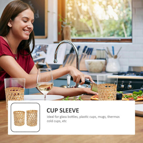 2pcs Bamboo Woven Cup Sleeves, Vintage Rustic Hand-Woven Bamboo Cup Covers 2