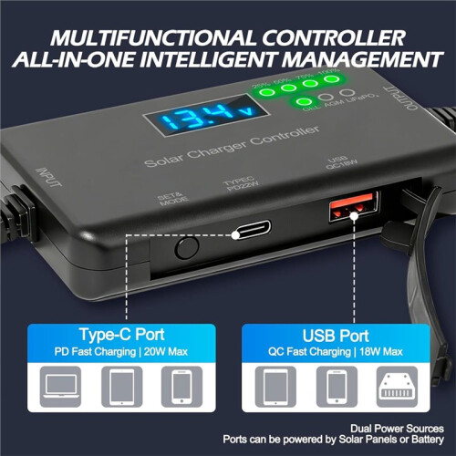 Solar Charge Controller 12V 20A, Solar Panel Charge Controller with Type-C and USB Output for Solar Panel and Gel 2
