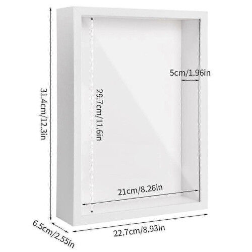 Shadow Box A4 5cm Deep White Photo Frame for Tabletop & Wall 3D Display 1