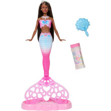 Barbie Bubble Sparkle Mermaid Doll with Bubble-Making Feature & Solution, Tray & Hairbrush, Plus Long, Color-Streaked Brunette Hair