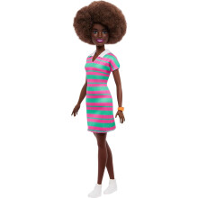 Barbie Fashionistas Doll #247 with Curly Black Hair, Pink and Green Striped Collared Dress with Accessories Like Orange Watch and White Sneakers
