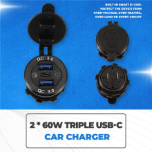 QC 3.0 PD3.0 Triple USB Car Charger 12V 24V 60W USB-C Multiple Fast Charger with for Boat, Truck, RV, Motorcycle