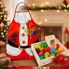 Set da cucina festivo per bambini (2 pezzi) - Grembiule di Babbo Natale e tagliere di legno giocattolo