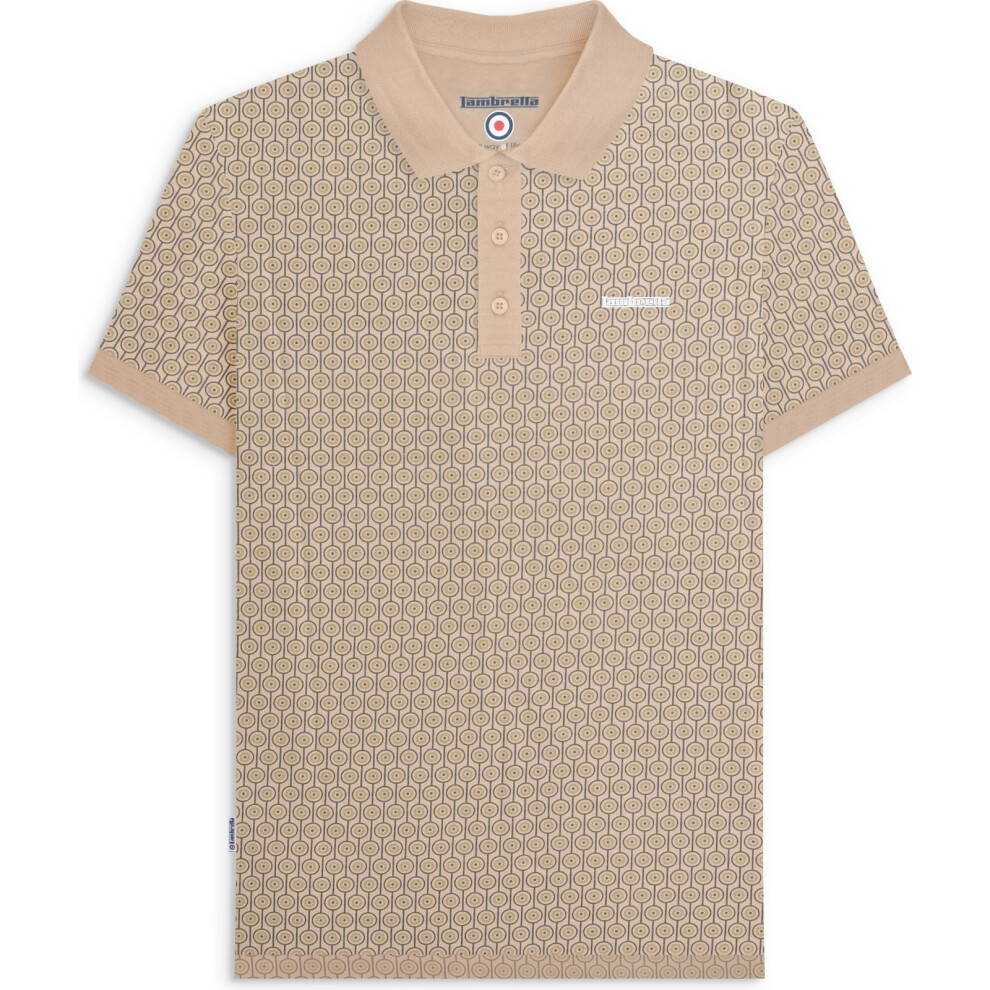 Lambretta (4Xl, Stone) Mens Geo Roundel All Over Pattern Short Sleeve Cotton Polo Shirt Top