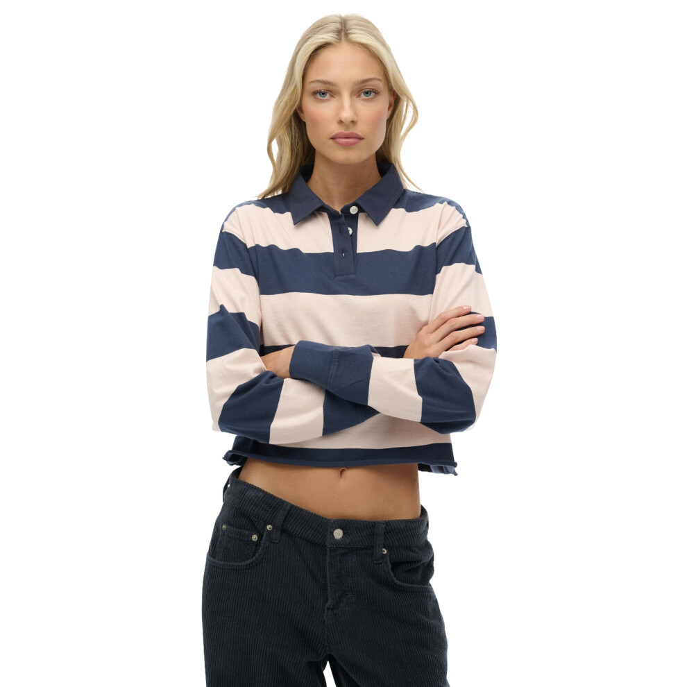 Superdry (14, Lauren Navy/Pink Stripe) Womens Athletic Essentials Long Sleeve Polo Shirt