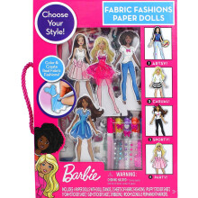 Barbie: Fabric Fashions Paper Dolls - Design Playset, 4 Dolls & Stands, Mix & Match Adhesive Outfits, Stickers-Gems-Ribbon, Storage Package, Kids 3+