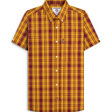 (M, Burgundy/Gold) Lambretta Mens Check Shirt Short Sleeve Shirt