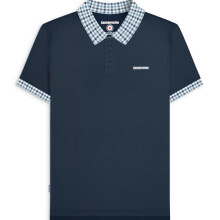 (S, Navy) Lambretta Mens Gingham Collar Short Sleeve Polo Shirt