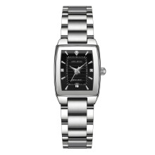 (Silver shell black surface steel belt) Premium Women Stainless Steel Square Quartz Watch, Rhinestone Inlaid Waterproof Ladies Metal Band Wristwatch