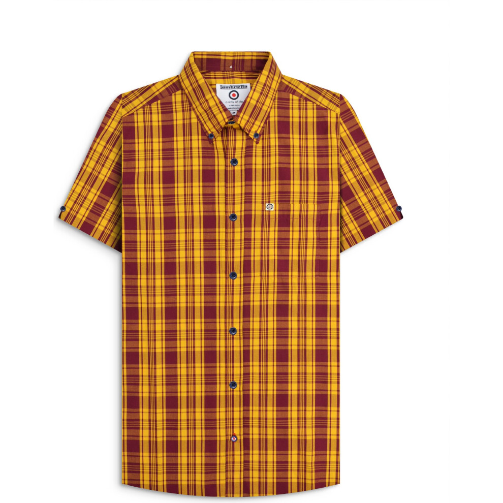 Lambretta (M, Burgundy/Gold) Mens Check Short Sleeve Shirt