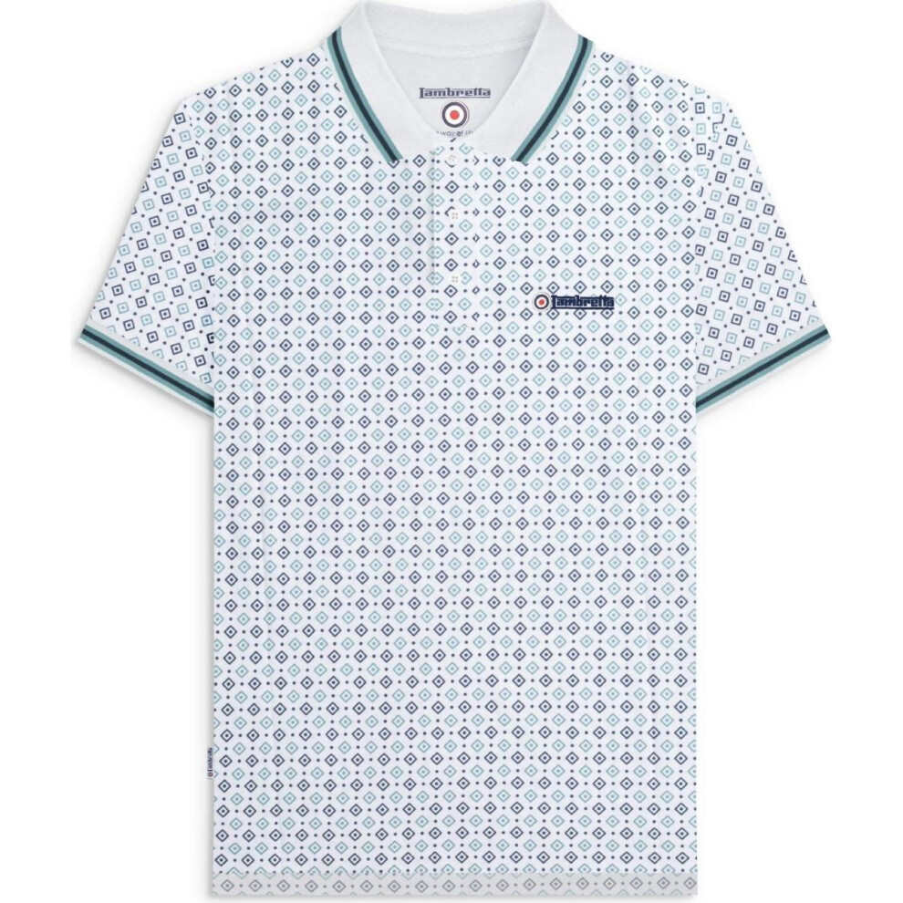 Lambretta (2Xl, White/Navy/Smoke) Mens Geometric Allover Print Short Sleeve Collared Polo Shirt Top Tee