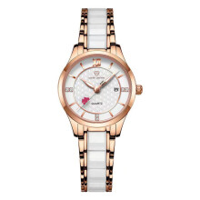 (Rose gold white surface, Rose gold) Premium Ceramic Band Diamond Inlay Ladies Quartz Watch Single Calendar Waterproof Fashion Wristwatch