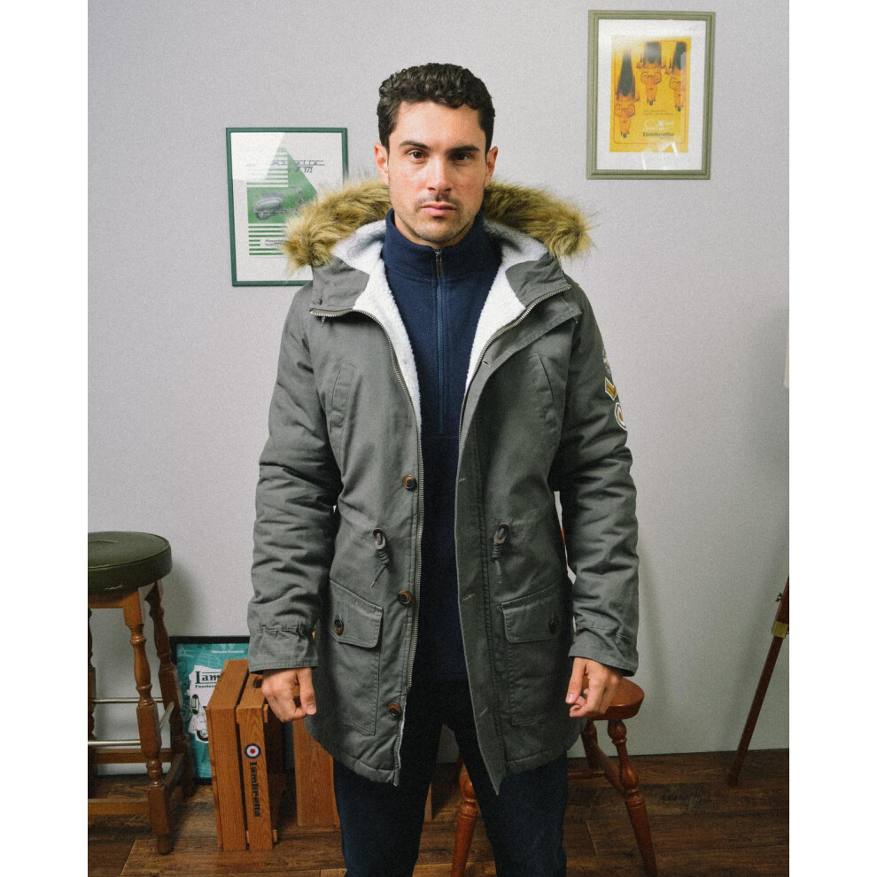 Lambretta (M, Granite) Mens Parka Long Sleeve Zip Up Faux Fur Hooded Warm Winter Jacket Coat