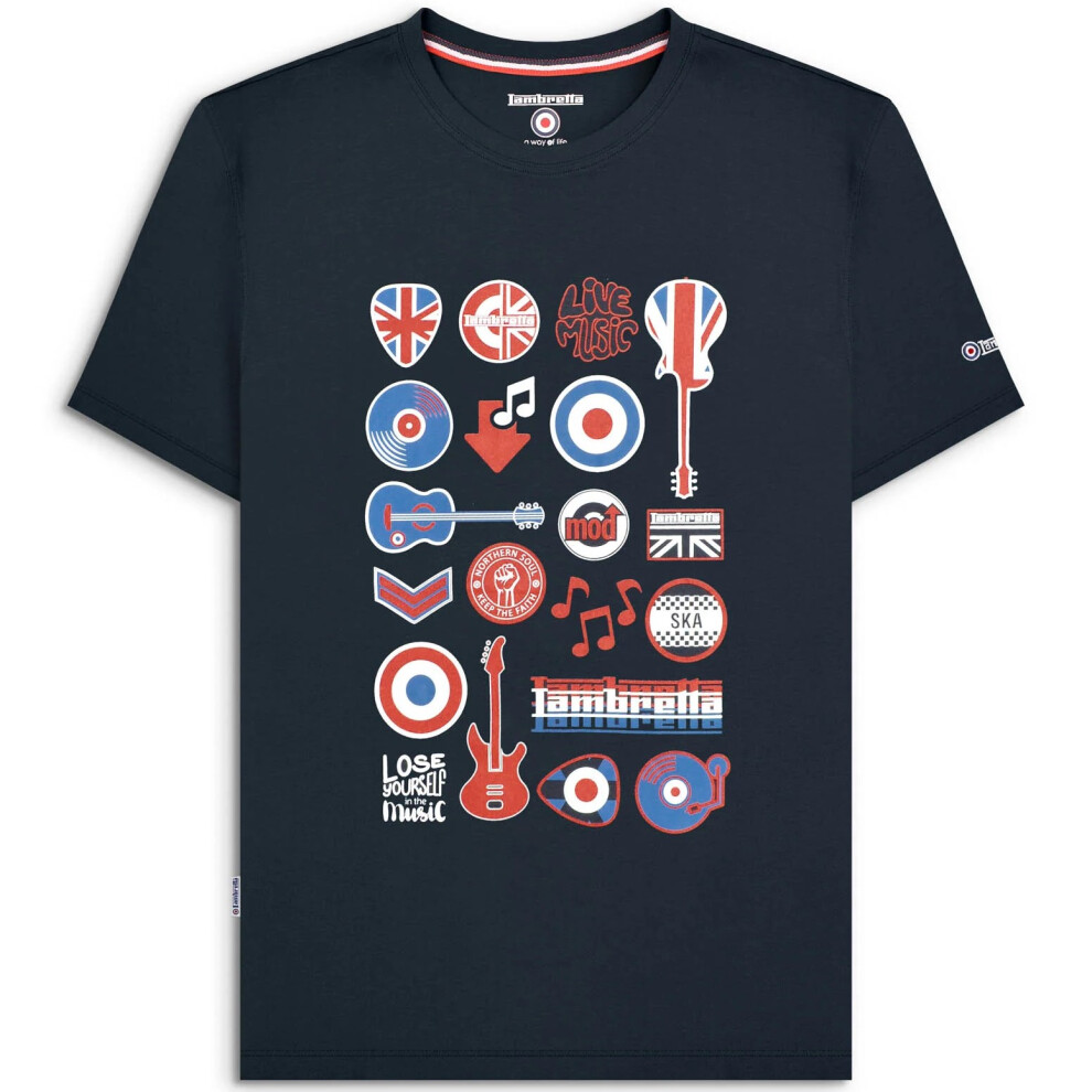 Lambretta (4Xl, Navy) Mens Music Icon Short Sleeve Graphic T-Shirt Music Mod Guitar Logo
