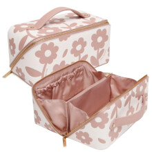 (Pink) Alice Wheeler London Floral Daisy Train Case Makeup Organiser Cosmetic Storage Bag with Lay Flat Opening & Gold Zip