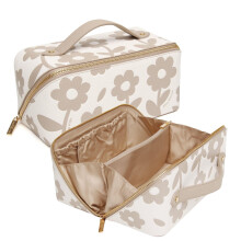 (Stone) Alice Wheeler London Floral Daisy Train Case Makeup Organiser Cosmetic Storage Bag with Lay Flat Opening & Gold Zip
