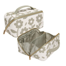 (Pistachio) Alice Wheeler London Floral Daisy Train Case Makeup Organiser Cosmetic Storage Bag with Lay Flat Opening & Gold Zip
