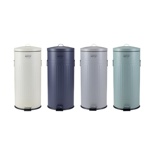 (Light Grey) Charles Bentley Retro Powder Coated Steel Waste Rubbish Kitchen Pedal Bin - Fully Assembled - 30L