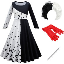 Mädchenkostüm Kleid mit Perücke und Handschuhen Schwarz-Weiß 15-16 Jahre — cruella kostüm mädchen, halloween kostüm teenager