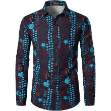 Chemise Homme Motifs Africains Manches Longues en Lin et Polyester Coupe Ajustée Style Ethnique Rétro Chic Bleu Marine