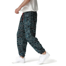 Pantalon de jogging homme en coton bleu imprimé ethnique vintage coupe large élastique respirant pour yoga et loisirs