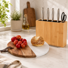 Bamboo Knife Block & Board Set (2-Piece) – Brush-Insert Knife Block & Acacia Marble Cutting Board