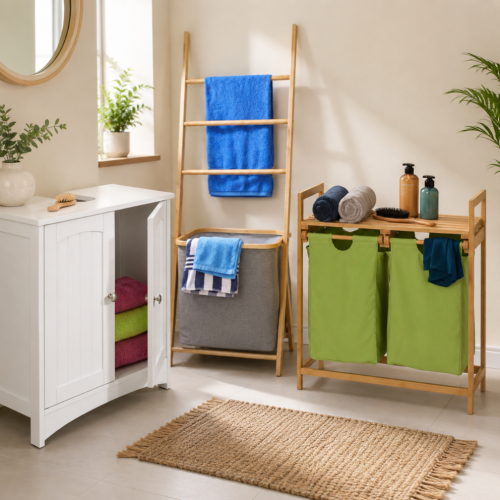Bamboo Bathroom Laundry Set (3-Piece) – Pull-Out Hamper, Towel Rack & Under-Sink Cabinet