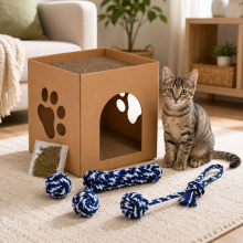 Mini set Pet Comfort (2 pezzi) – Moderna casetta per gatti in cartone e set di 4 giocattoli per cani