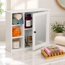 Set da bagno (2 pezzi) – Portasapone in bambù e armadietto a specchio bianco a 5 ripiani