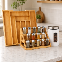 Bambus-Küchenorganizer-Set (3-teilig) – Besteckkorb, Gewürzregal & Vorratsglas