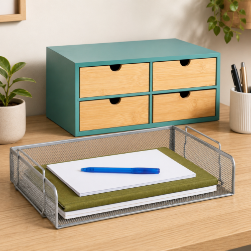 Office Filing Set (2-Piece) – Stackable Metal Mesh Document Tray & 4-Drawer Bamboo Organizer